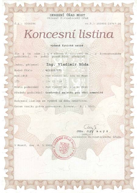 Koncesn listina Ing Vclav Hda